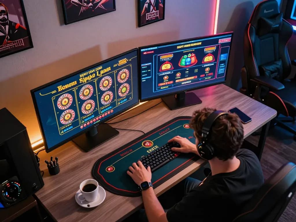LGOGOAL showcases an immersive online gaming experience with dynamic casino games at a stylish workstation.
