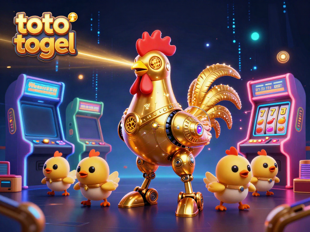 Engage in exciting toto togel action with our vibrant 3D illustration featuring a golden rooster robot.