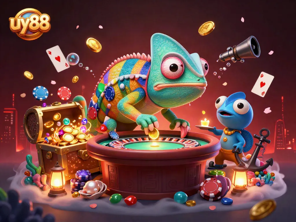 Experience exciting gameplay in uy88's vibrant 3D casino environment with a lively chameleon owner.