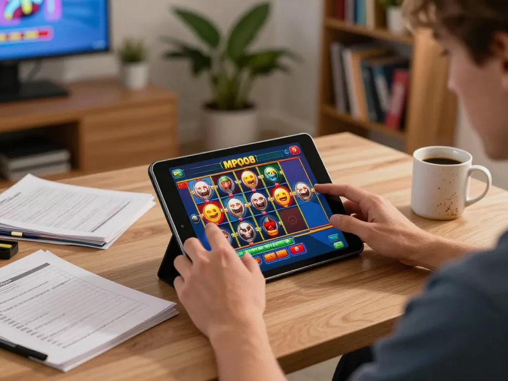 MPO08 SLOT gameplay on tablet in cozy home setting with strategic notes visible.