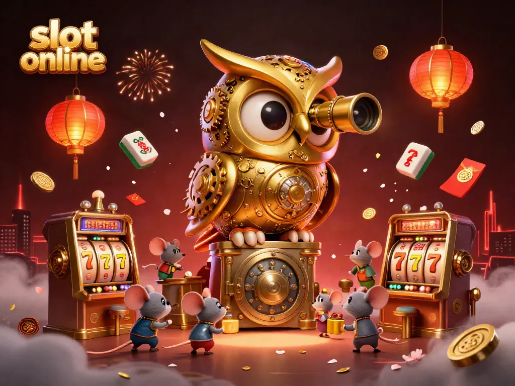 Slot online: Gambar ilustrasi 3D menarik dengan karakter burung hantu dan tikus di kasino.