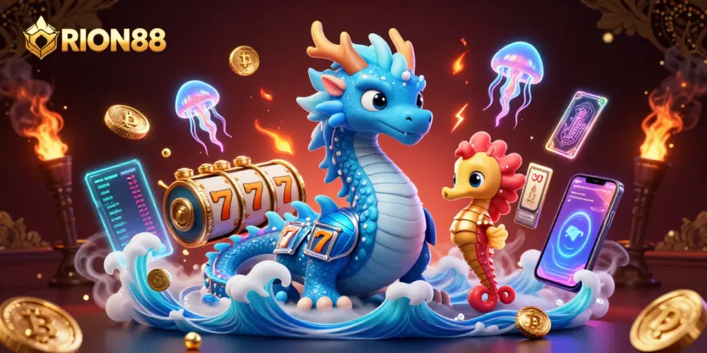 Experience thrilling gaming at ORION88 with vibrant 3D casino illustration showcasing dynamic characters and elements.