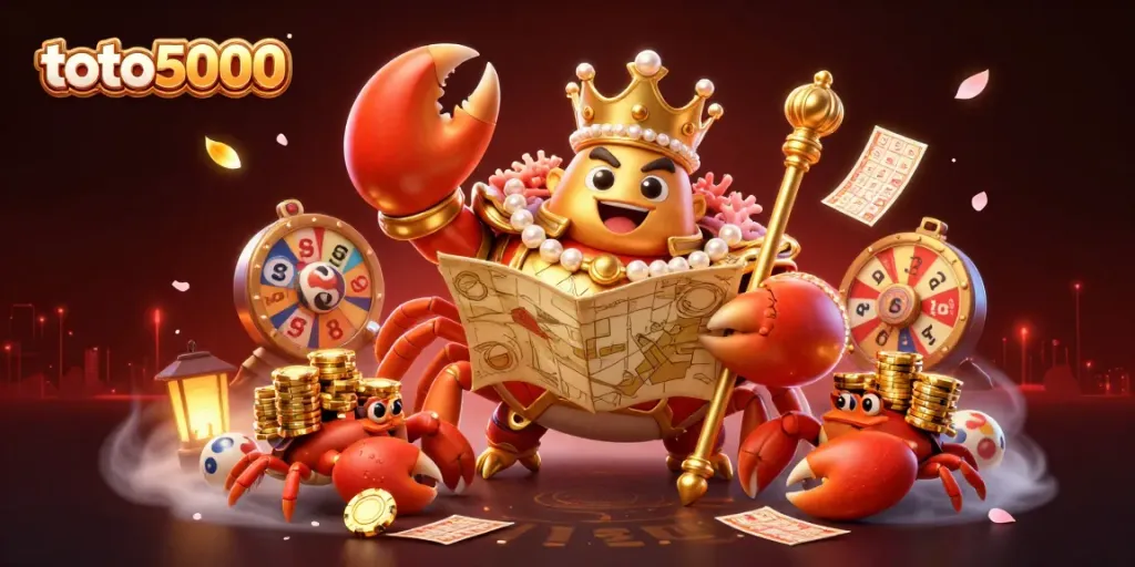 Engage with toto5000 in a vibrant lottery gaming scene featuring a golden crab emperor and premium prize elements.