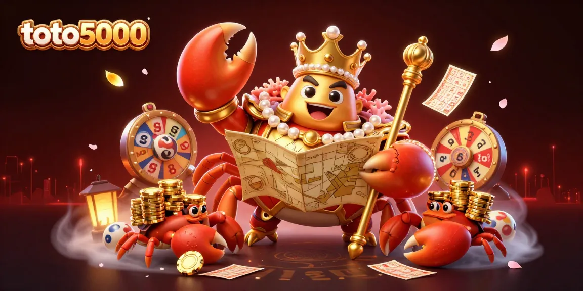 Engage with toto5000 in a vibrant lottery gaming scene featuring a golden crab emperor and premium prize elements.