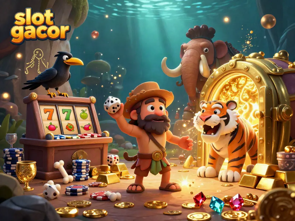 Experience the vibrant world of slot gacor with a prehistoric casino scene featuring thrilling slot reels and iconic symbols.