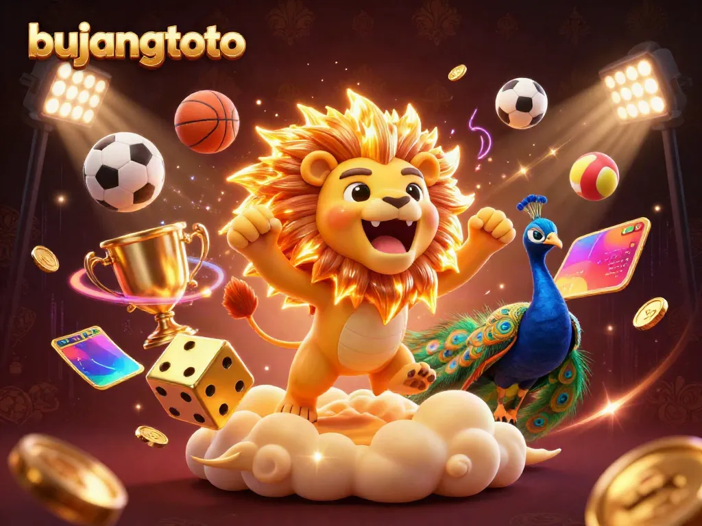 Engage with thrilling bujangtoto gaming energy, featuring a vibrant 3D lion and gaming symbols.