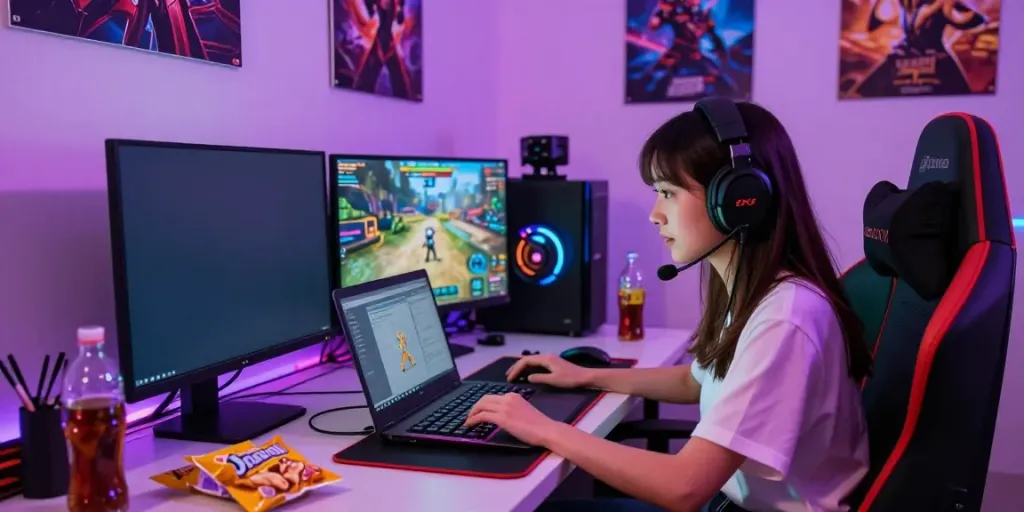 Gamer fokus menggunakan TOTOWIN88 di pencahayaan nyaman dengan perangkat modern.
