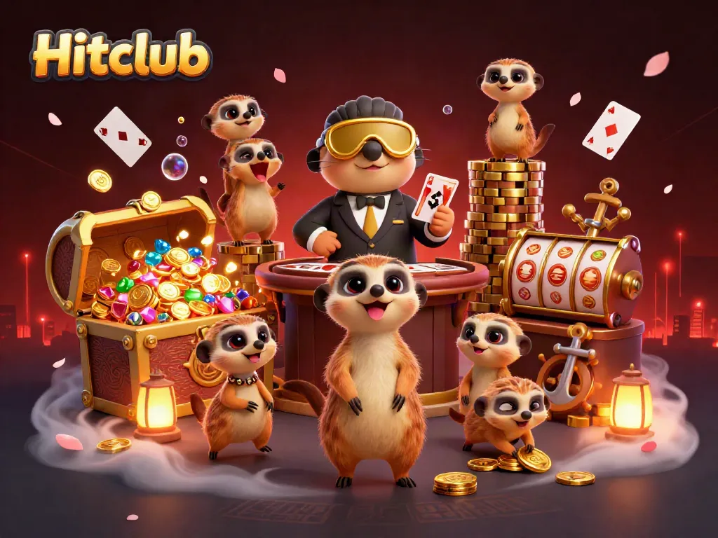 Hitclub meerkats running a lively casino operation with vibrant game elements.
