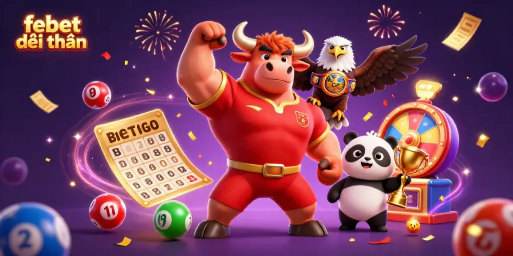 Experience febet đổi thưởng with vibrant 3D characters celebrating dynamic wins in a colorful casino scene.
