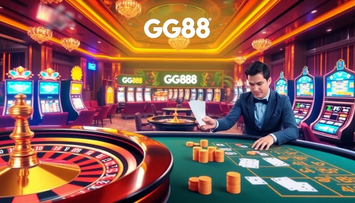Exciting casino scene with roulette, slots, and GG88 branding inviting players to https://gg88.ltd/ for top gaming experiences.