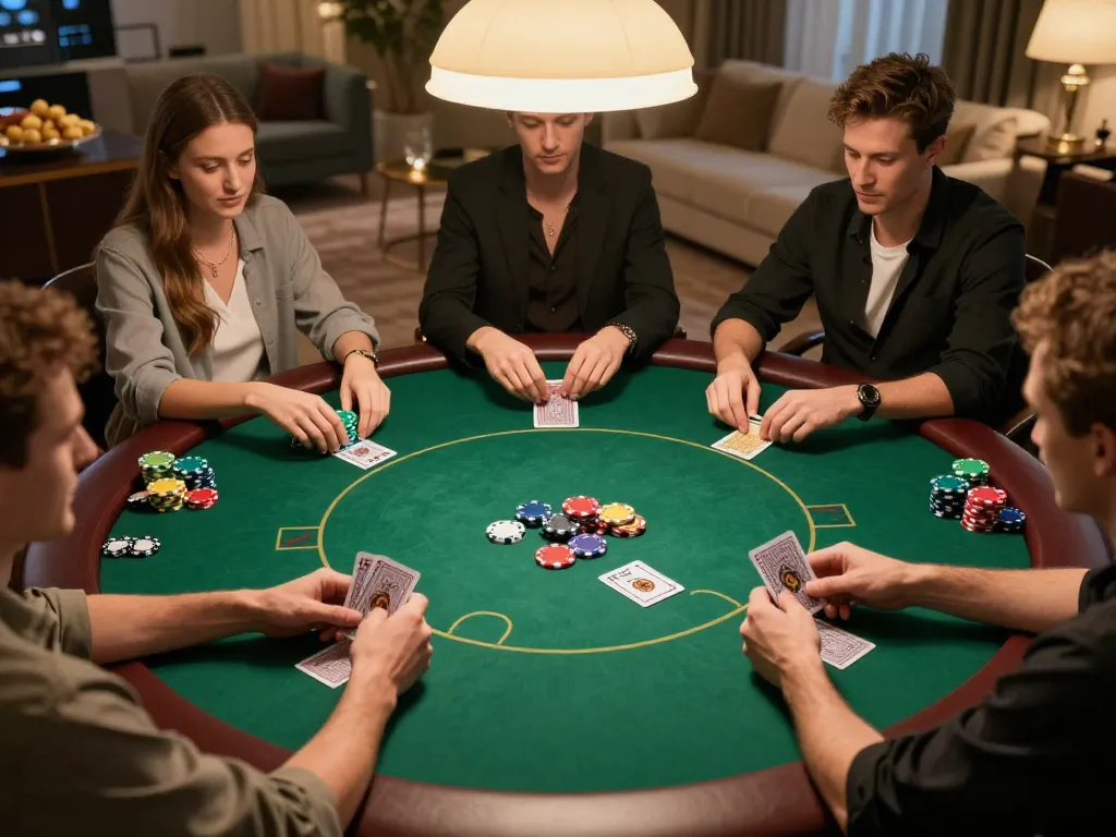 78 win players engaged in competitive poker at a luxury home game setup, showcasing lively strategy.