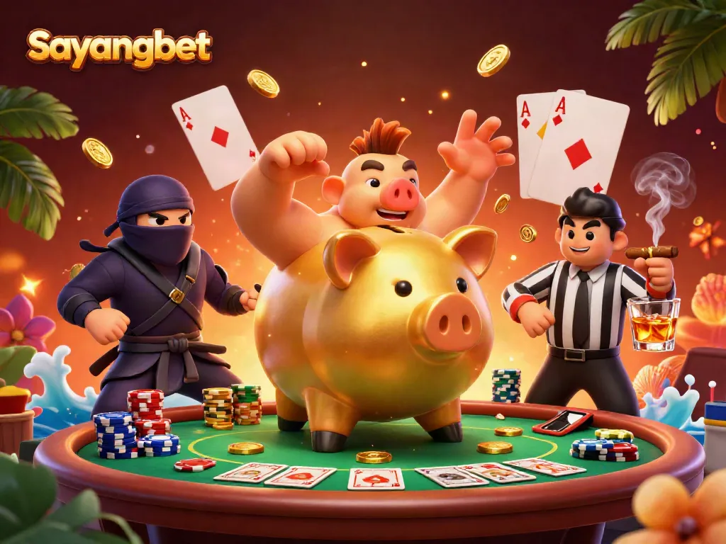 Experience thrilling action with sayangbet's dynamic casino scene featuring a sumo wrestler and colorful gaming elements.