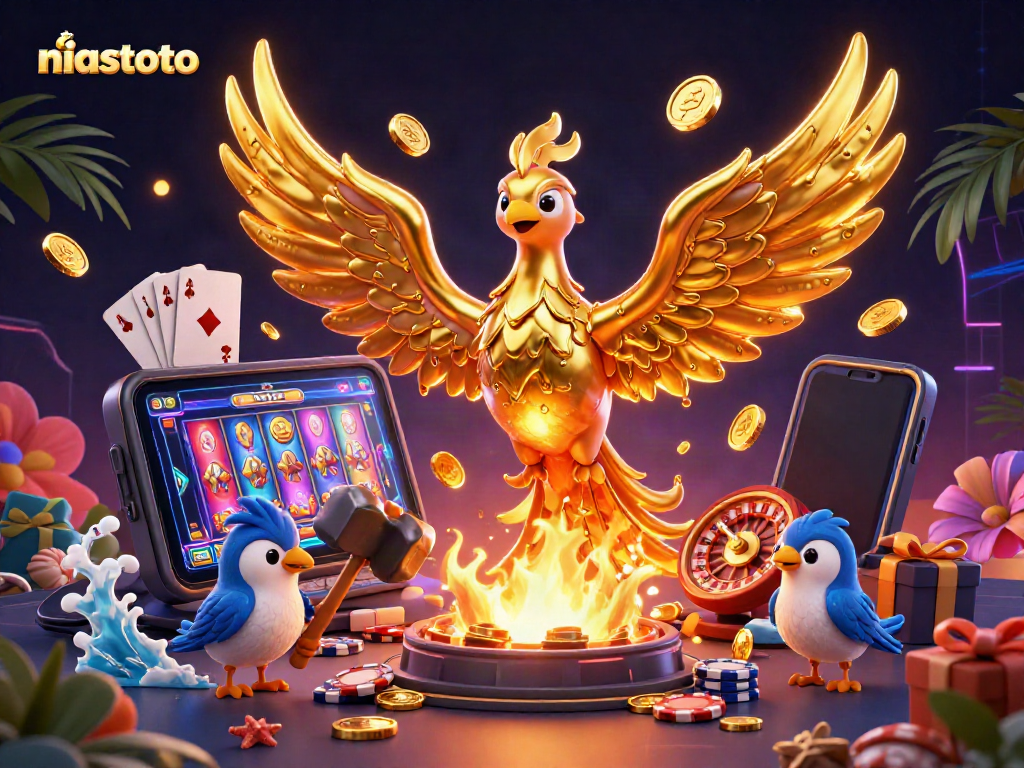 Engage with niastoto's vibrant casino journey featuring a golden phoenix and exciting gaming elements.
