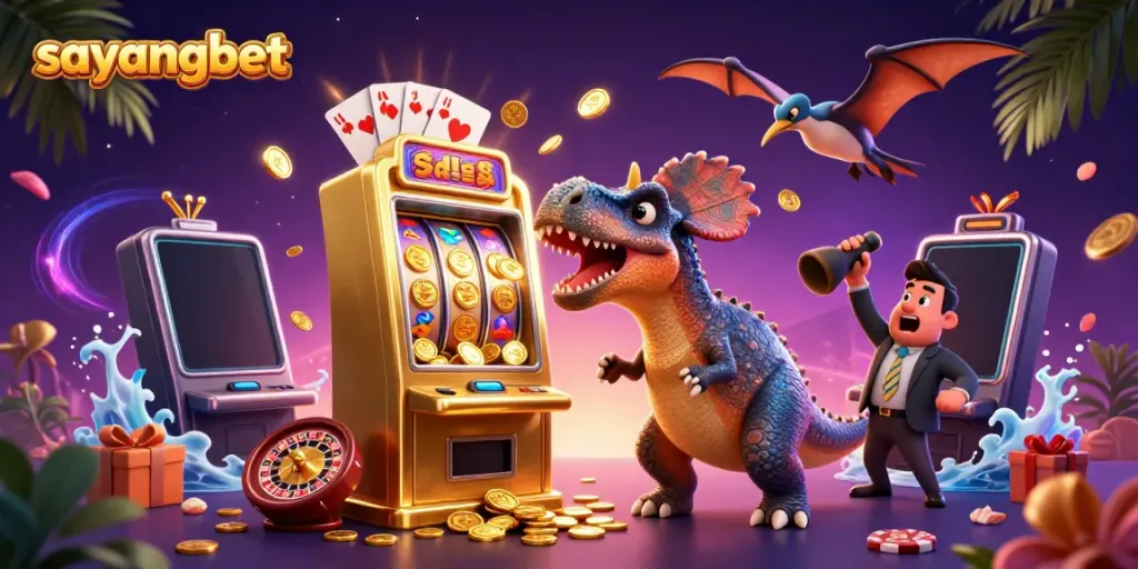 Experience the excitement of sayangbet with vibrant cartoon characters celebrating jackpot wins in a creative casino scene.