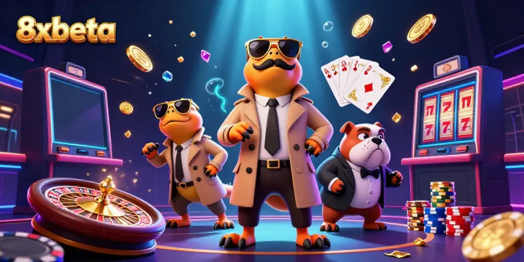 8xbeta raptors create a ruckus at a casino entrance, showcasing vibrant game elements.