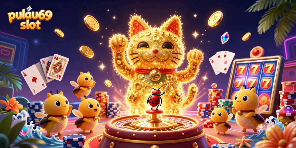 Engage with the pulau69 slot experience; colorful cascading coins and a lucky cat symbolizing luck and fun.