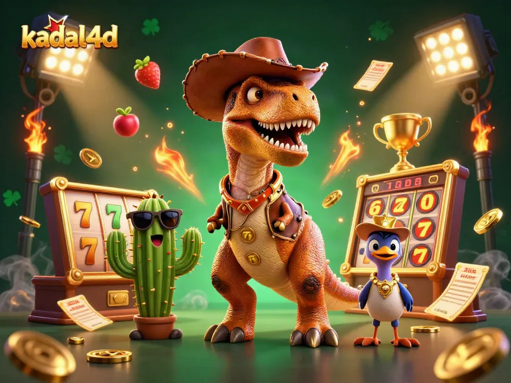 Kadal4d offers an exciting gaming experience with a T-Rex dinosaur, slot reels, and dynamism in casino play.
