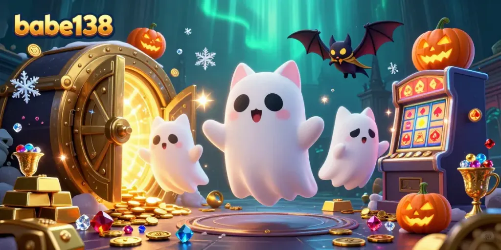 Permainan slot babe138 dengan kucing hantu dan kelelawar vampir, suasana kasino menyeramkan.