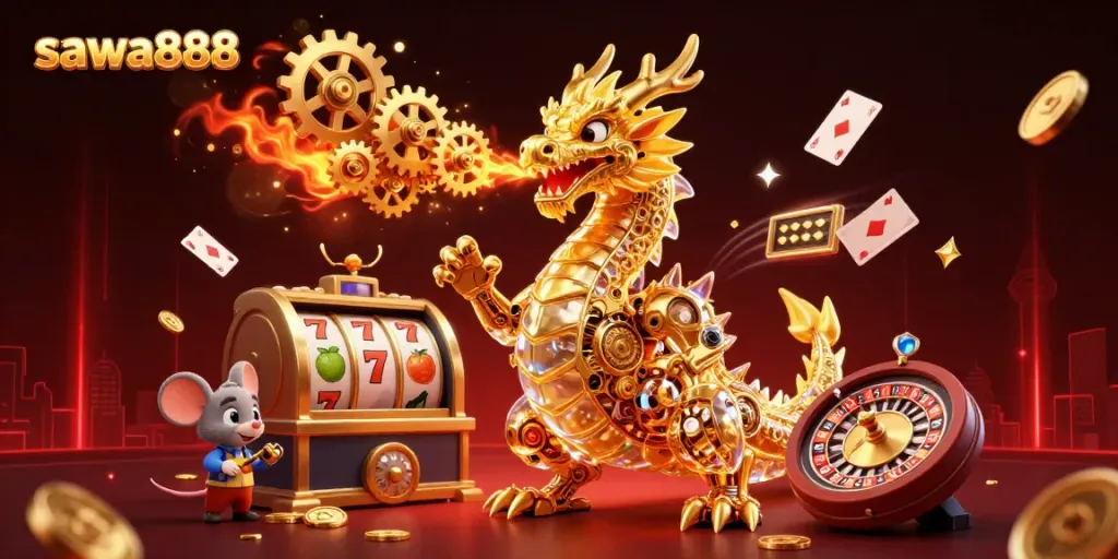 Experience thrilling action in the sawa888 casino with a golden dragon unleashing jackpots and spinning reels.