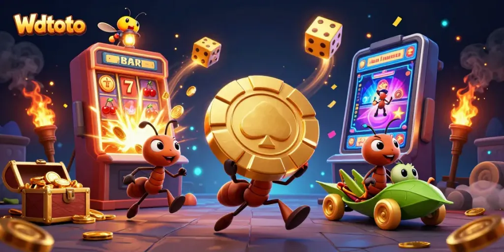 Wdtoto menampilkan semut 3D yang mencuri chip poker raksasa dengan kegembiraan di kasino.
