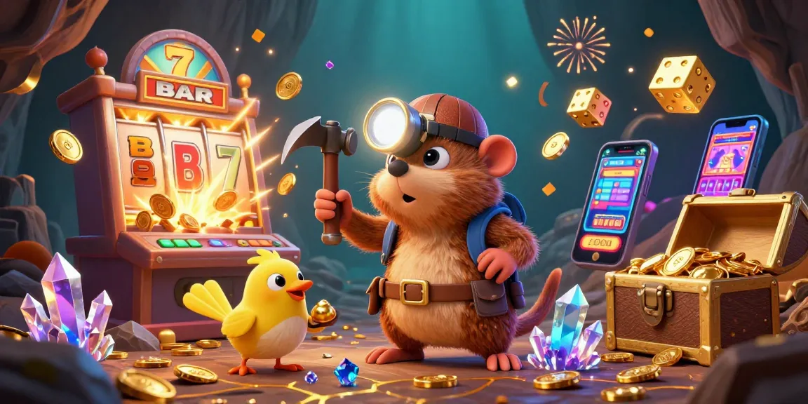 TUNAS4D treasure hunter mole explores gems while winning at the slots in a vibrant casino scene.