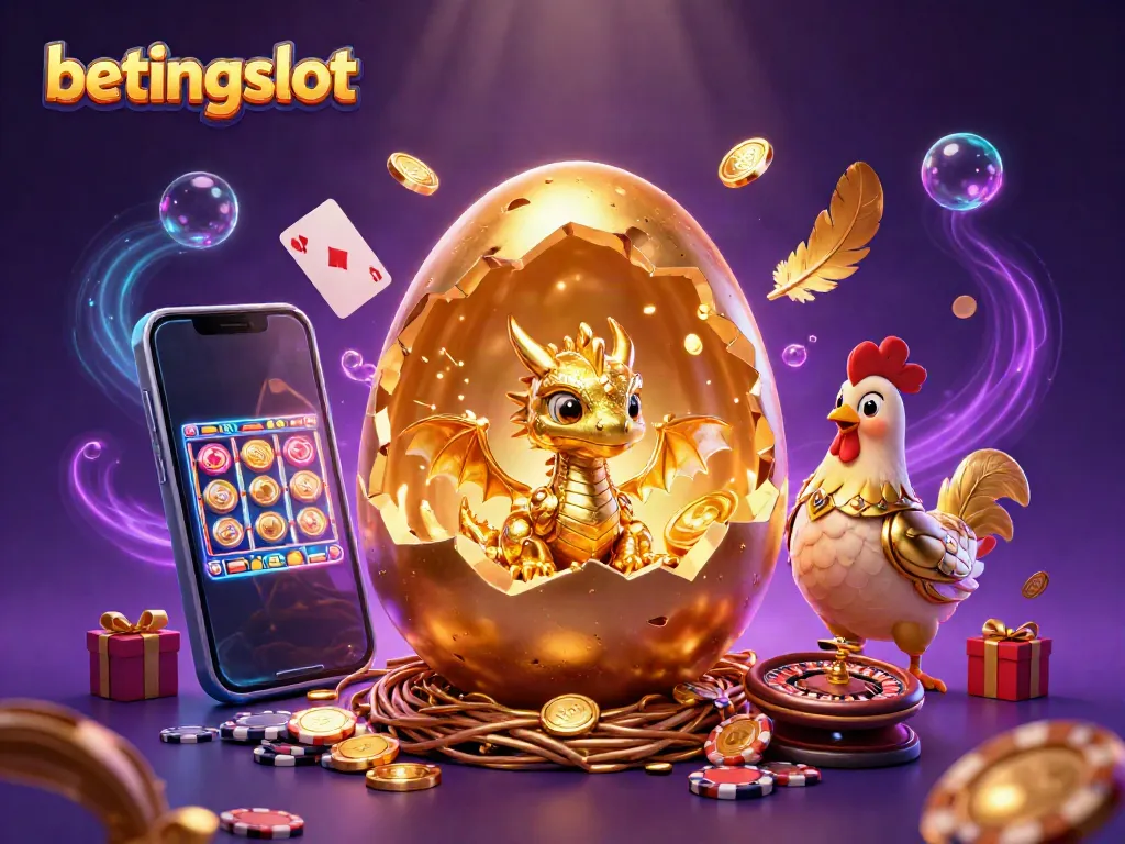 Rasakan sensasi bermain dengan betingslot, di mana naga emas muncul dari telur di antara chip poker dan alat permainan kasino.
