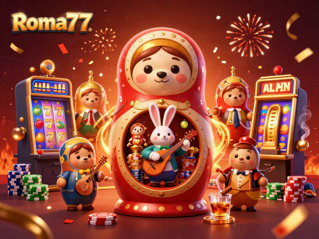 Experience thrilling moments with Roma77, a lively casino scene featuring vibrant slot machines and celebratory elements.