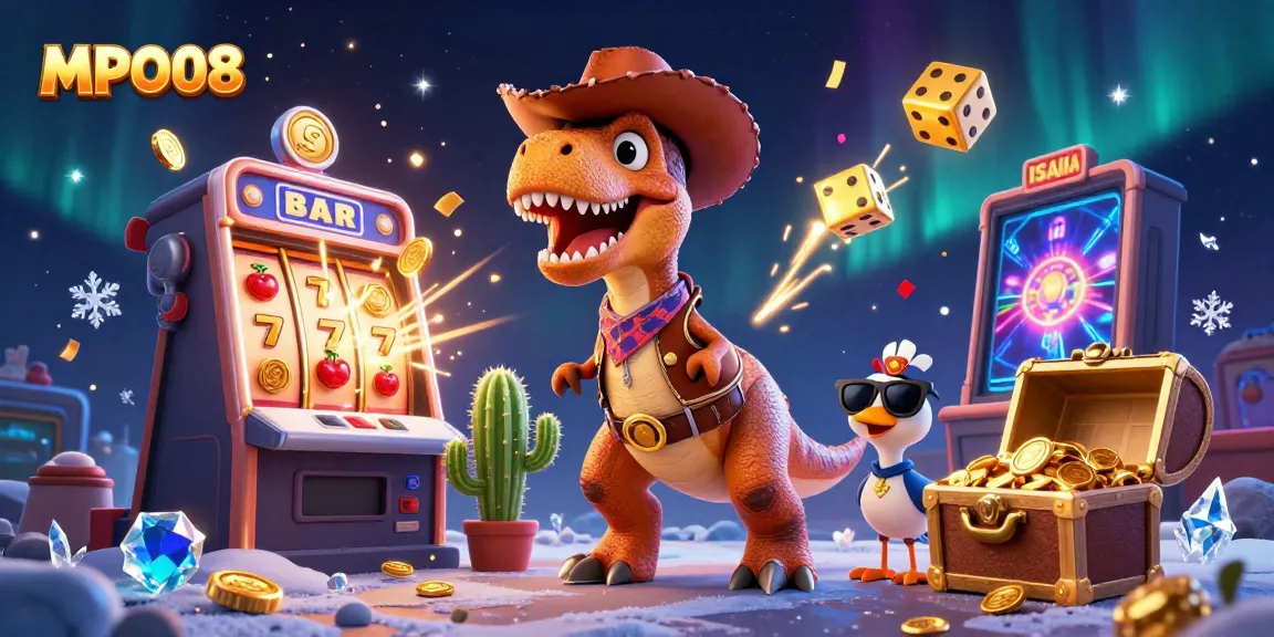 An engaging MPO08 slot scene with a dinosaur, cactus, and roadrunner surrounded by dynamic casino game elements.