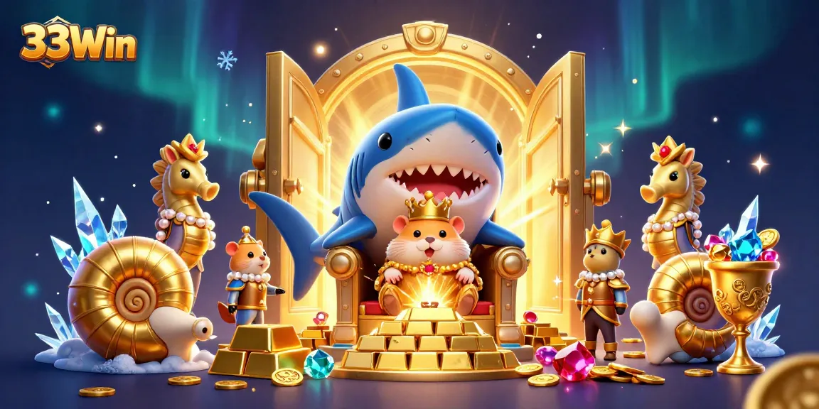 Experience the thrilling world of 33Win with a lavish digital scene featuring a golden hamster king and treasures.