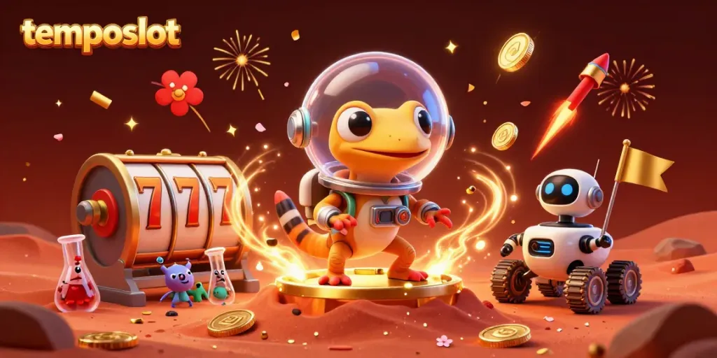 Gecko Martian beraksi di kasino TEMPOSLOT yang mengagumkan, penuh hiasan koin dan kembang api.