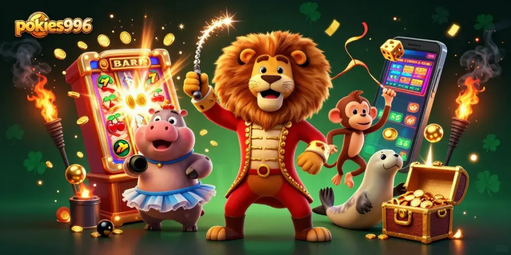 Engage in thrilling gameplay at pokies996 with vibrant slot machines, festive characters, and dynamic casino elements.