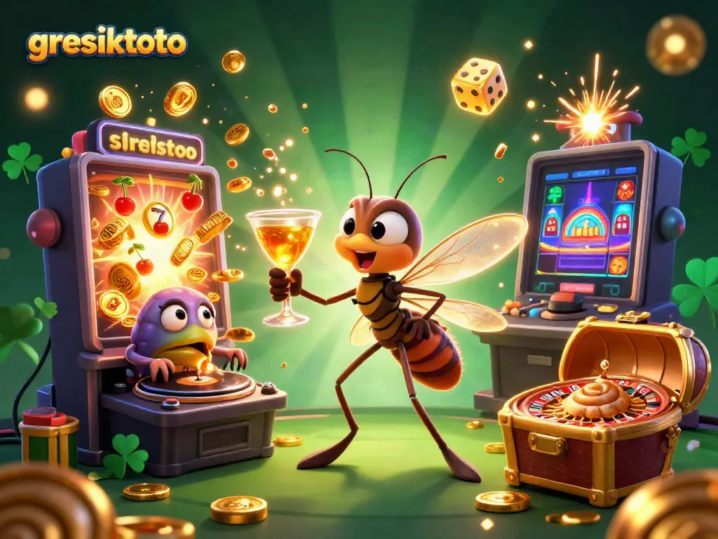 Experience the thrill of gresiktoto slots with a dynamic scene of a golden cocktail-holding mascot and casino elements!