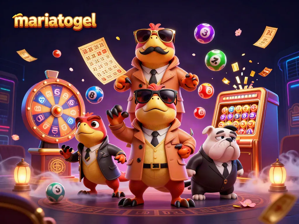 Illustration of mariatogel scene with raptors in a trench coat entering a casino lounge surrounded by lottery elements.