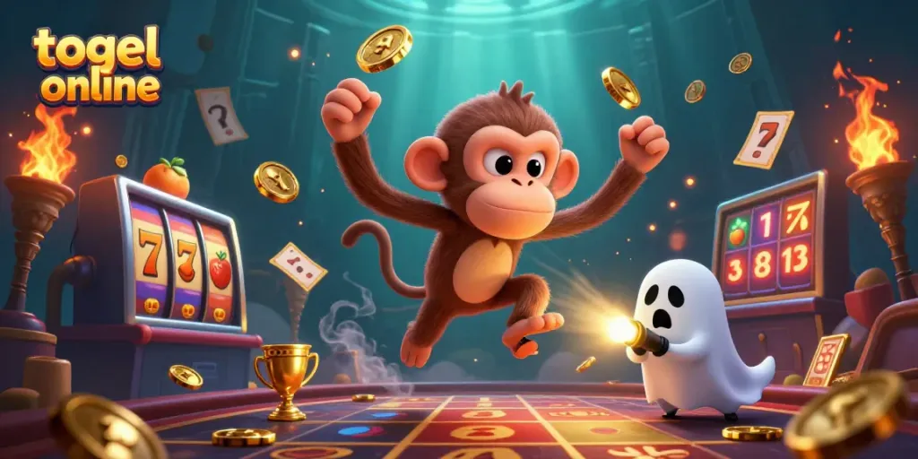 Tampil menarik togel online dengan karakter monyet poltergeist menjulang di antara simbol slot yang bersinar.