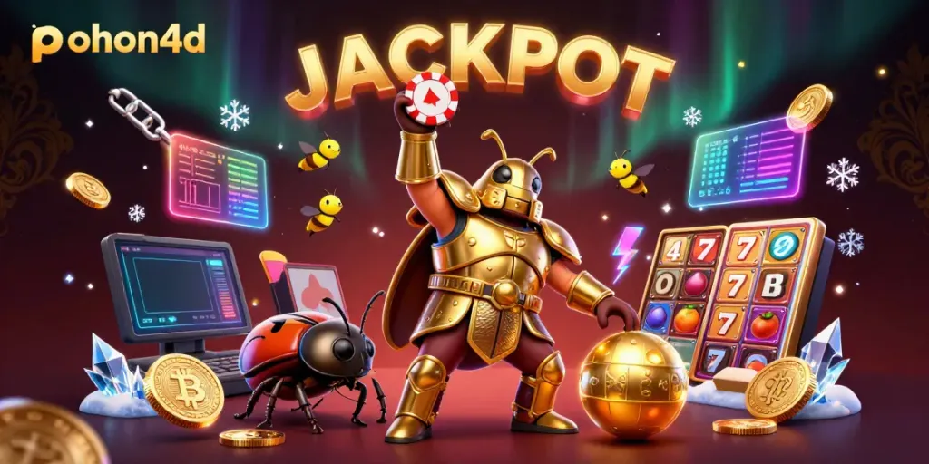Pohon4D casino victory scene with 3D beetles and jackpot display, vibrant colors and dazzling elements.