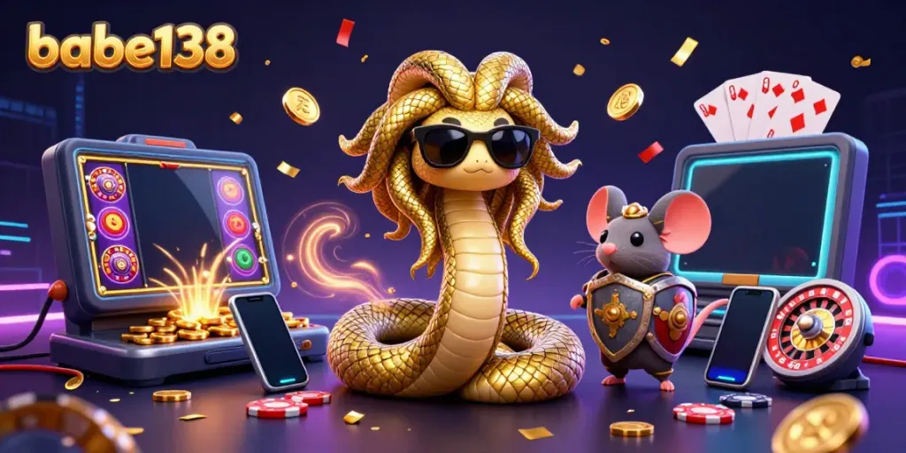 Slot gacor di babe138 menampilkan Medusa dan mouse pejuang, dengan koin emas dan smartphone.
