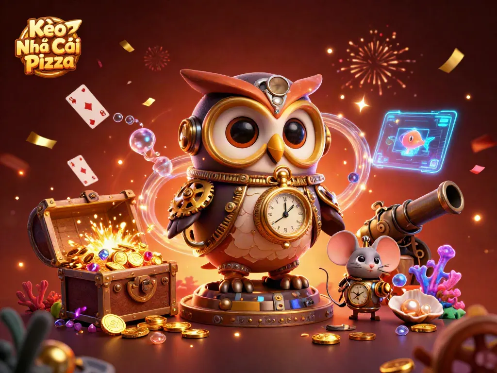 Kèo Nhà Cái Pizza offers a vibrant casino scene featuring a cartoon owl and mouse amidst gold coins and playing cards.