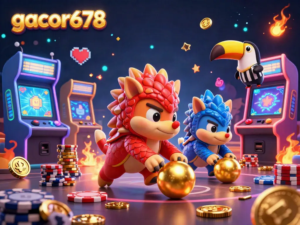 Compete and win with gacor678 in a vibrant casino scene featuring rival pangolins and arcade game machines.