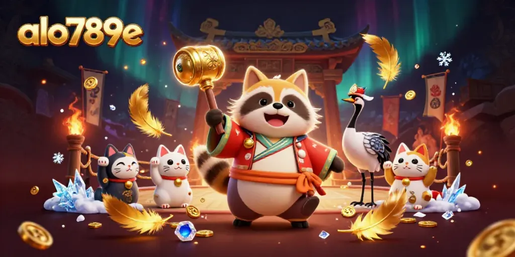 Experience thrilling moments at alo789e with cheerful tanuki greeting players in a vibrant 3D casino scene.