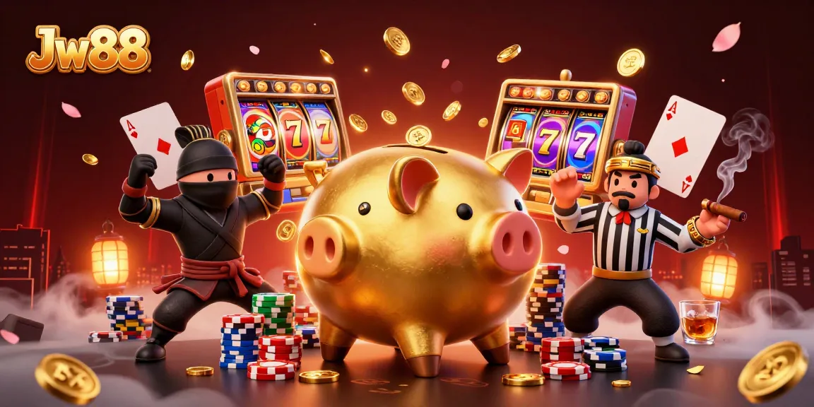 Experience thrilling Jw88 slot action in a dynamic 3D casino illustration, featuring vibrant characters and elements.