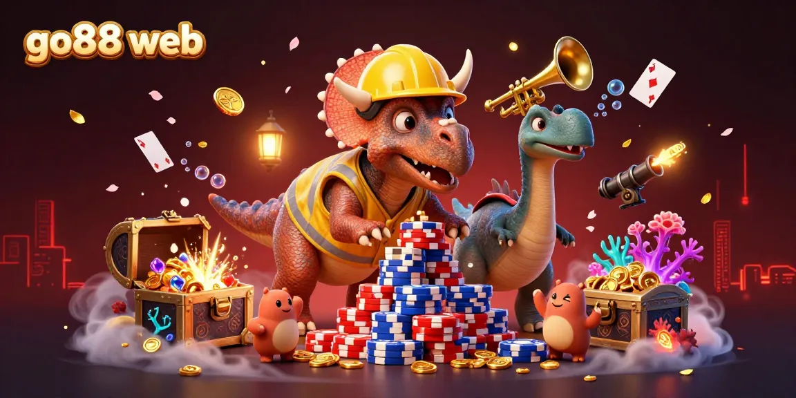 Engage with the action at go88 web featuring vibrant characters celebrating with poker chips and colorful gems.