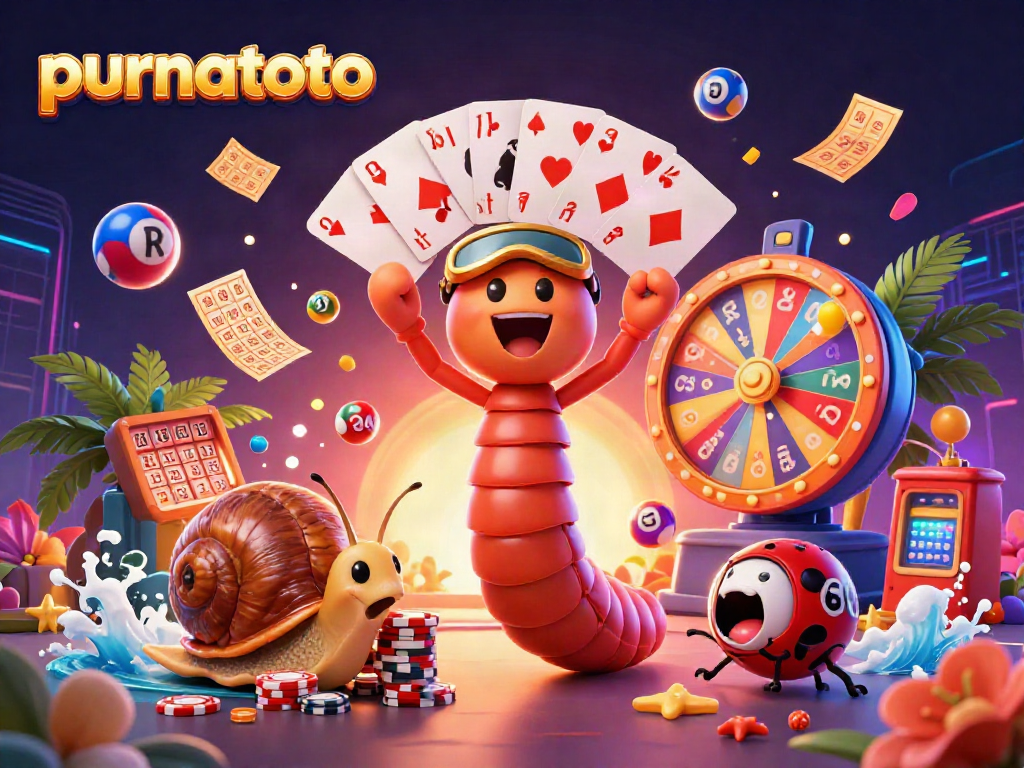 Mainkan permainan kasino di purnatoto dengan dealer kartun dan bola lotere berwarna-warni.