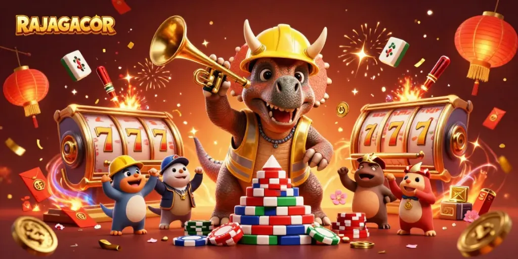 RAJAGACOR merayakan kemenangan dengan triceratops membangun tumpukan chip poker di kasino.