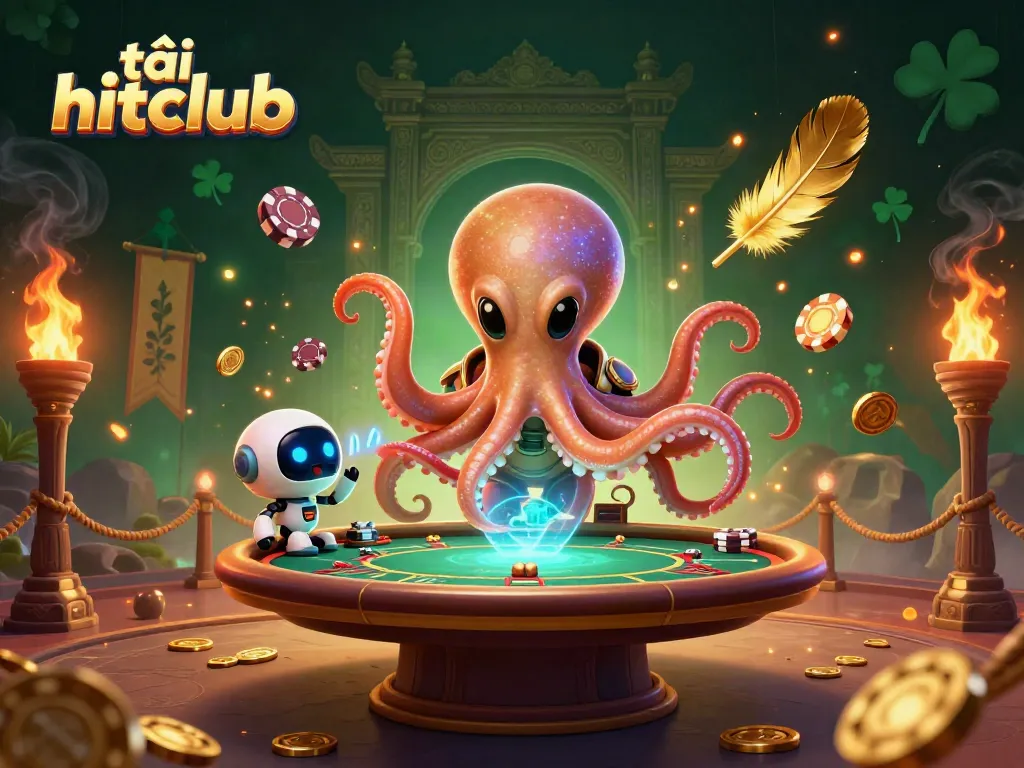 Engage in thrilling gameplay while tải hitclub with an exciting 3D casino scene featuring an alien octopus and vibrant casino elements.