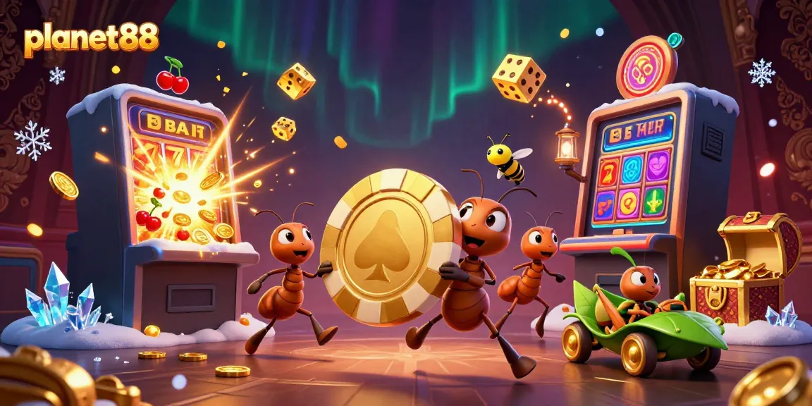 Planet88 showcases a comical heist scene with cartoon ants carrying a giant poker chip amidst a casino-themed explosion.