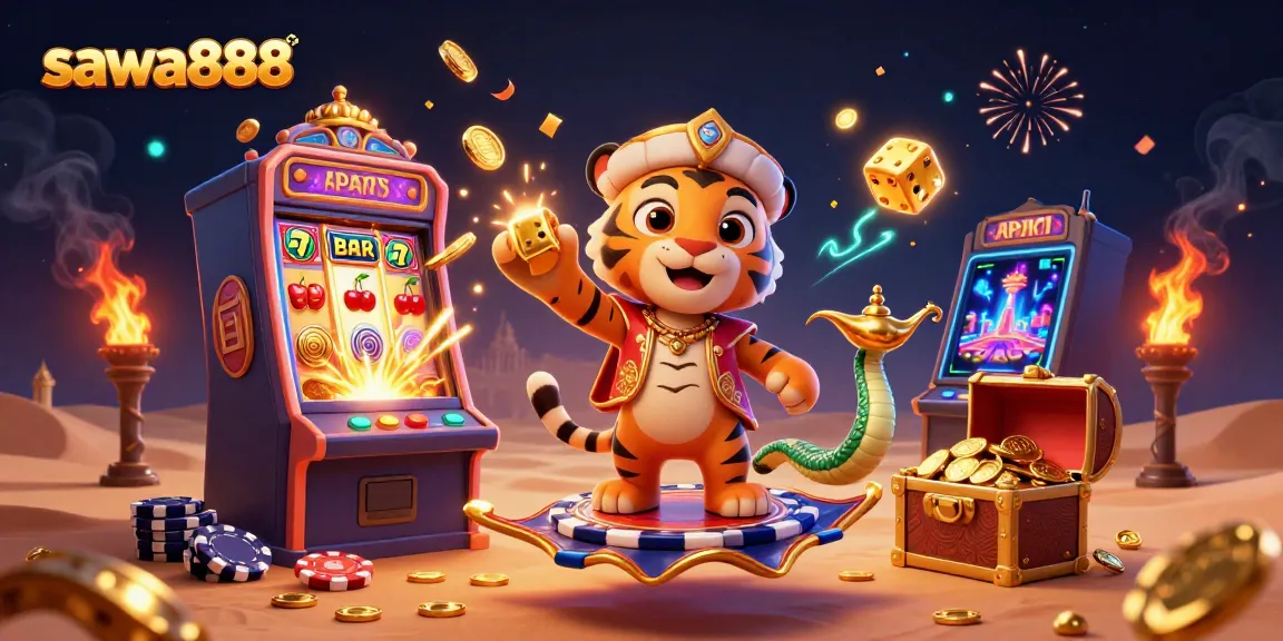 Experience the magic of sawa888 with a vibrant slot scene featuring a tiger sultan and gold treasures.