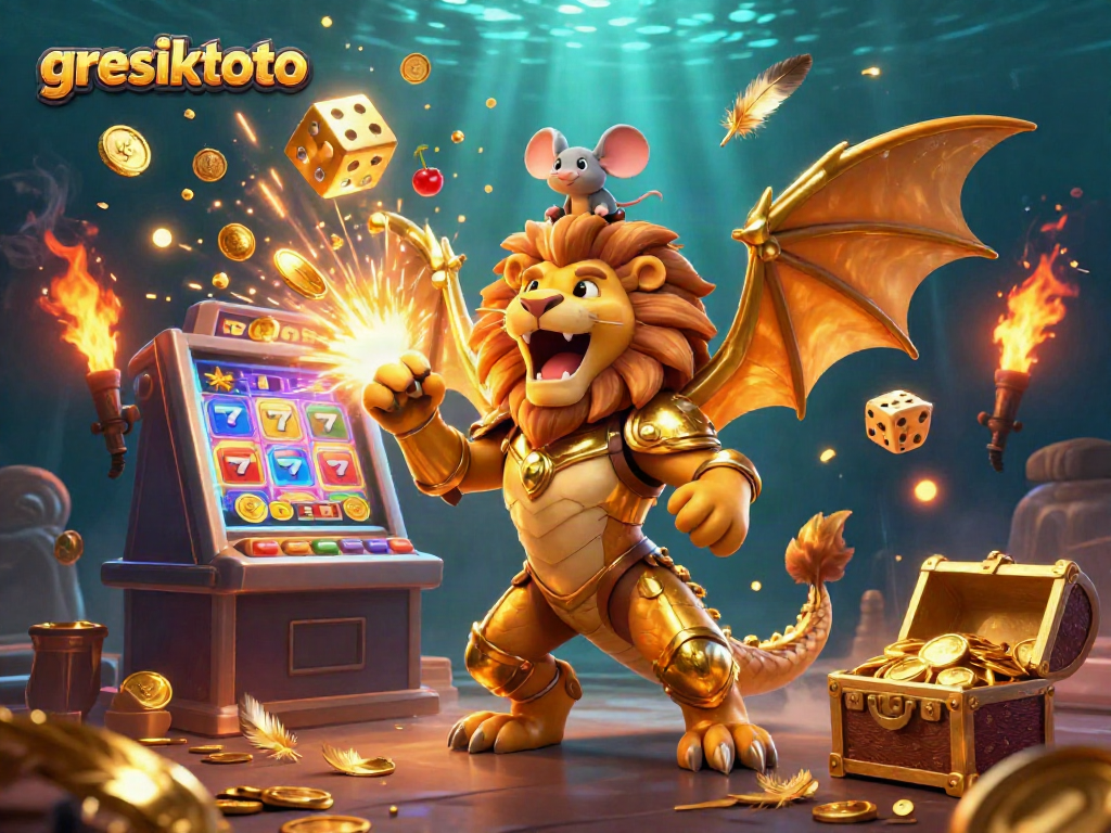 Gresiktoto menghadirkan mesin slot besar dengan simbol hoki dan koin bertebangan, menciptakan suasana jackpot yang meriah.