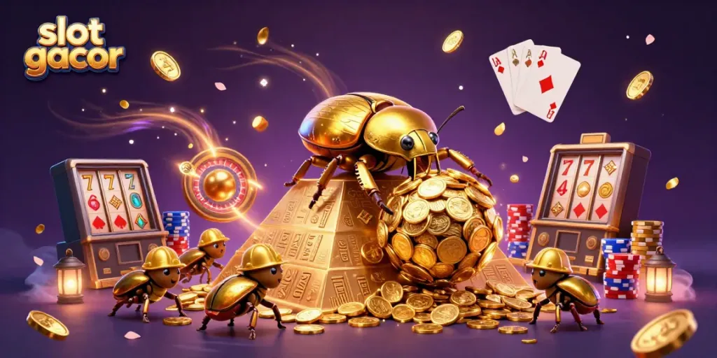 Experience the excitement of slot gacor with this vibrant 3D illustration of a golden dung beetle rolling coins.