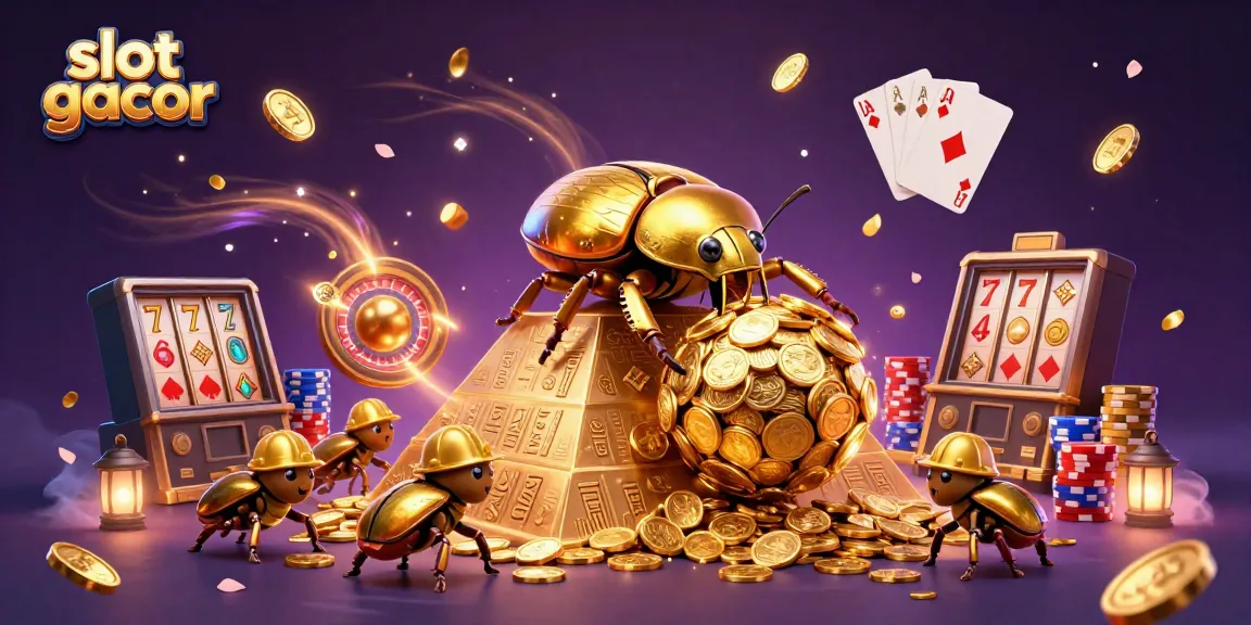 Experience the excitement of slot gacor with this vibrant 3D illustration of a golden dung beetle rolling coins.