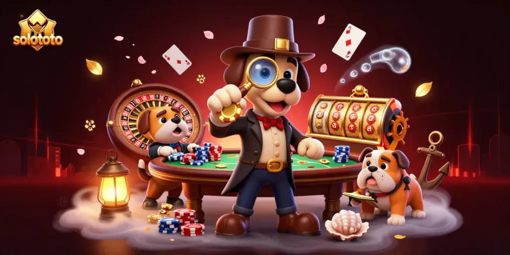 Solototo menggambarkan detektif kartun memeriksa chip poker emas di meja poker yang hidup dengan kartu bermain mengambang.